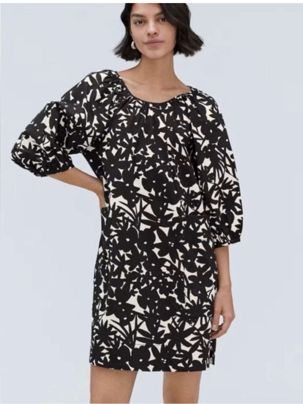 Everlane Seersucker Black and White Floral Shift Dress